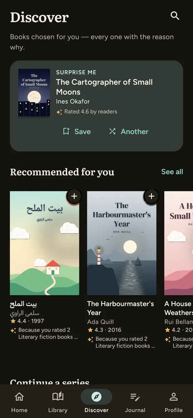 The Discover screen: a Surprise me pick above a row of recommended books, each with its reason written underneath.