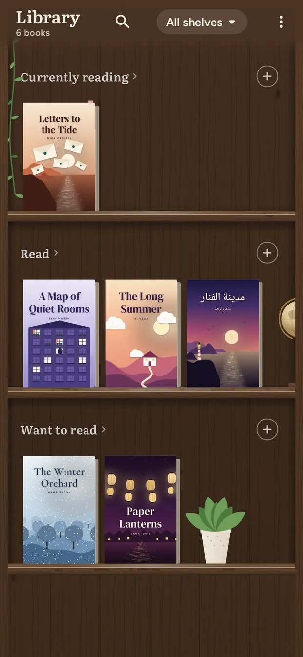 The Library screen: three wooden shelves labelled Currently reading, Read and Want to read, with a plant among the books.