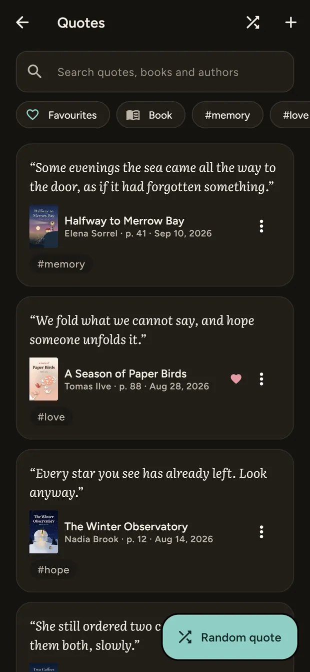 The Quotes screen: saved passages with their book, page number and tags, and a Random quote button.